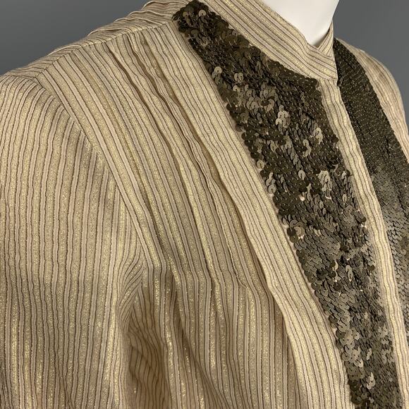 3.1 PHILLIP LIM Size 4 Gold Metallic Striped Sequin Bib Blouse - Picture 3 of 8